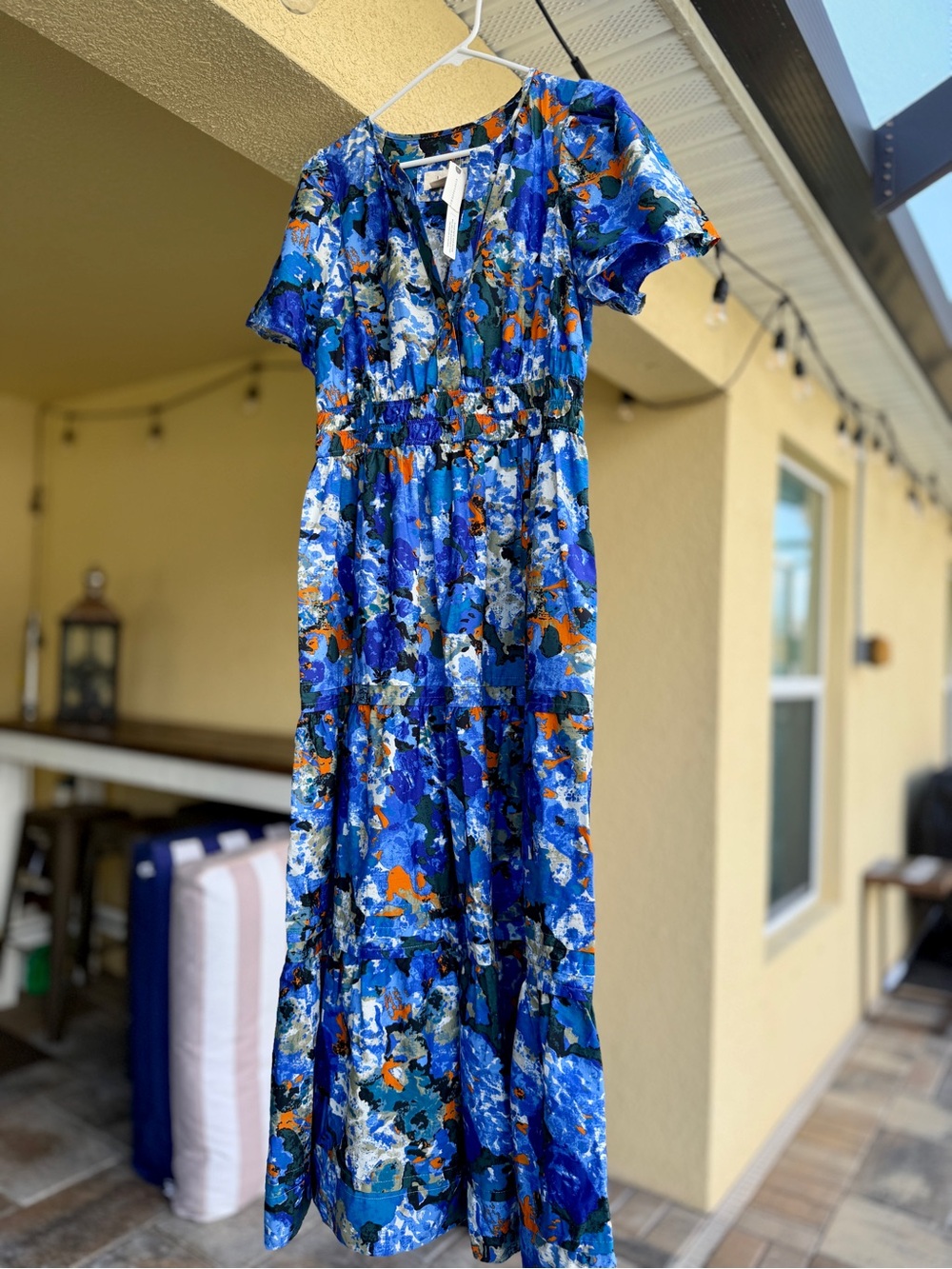 Anthropologie Blue Floral V-Neck Tiered Maxi Dress with Orange Accents